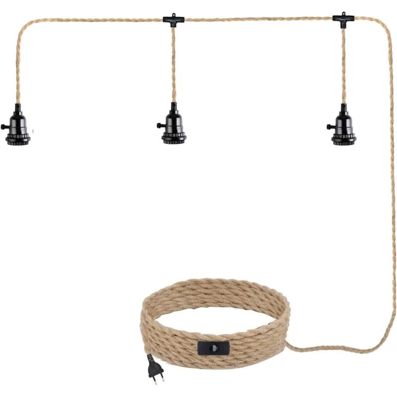 Pendelleuchte Mit Stecker Und Schalter, E27-fassung, Esszimmer, 3-flammig (leuchtmittel Nicht Enthalten), Hanfseil-kronleuchter, Vintage-industriekabel, Diy Für Schlafzimmer