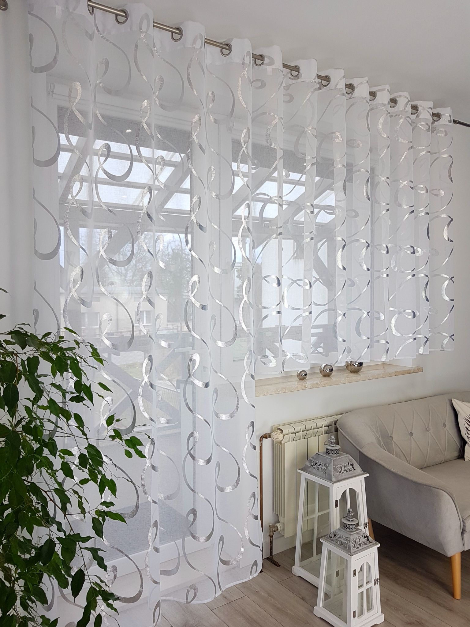 Set, Balkonvorhang Aus Netzgewebe Mit Modischem Silbernen Muster, 250 Cm