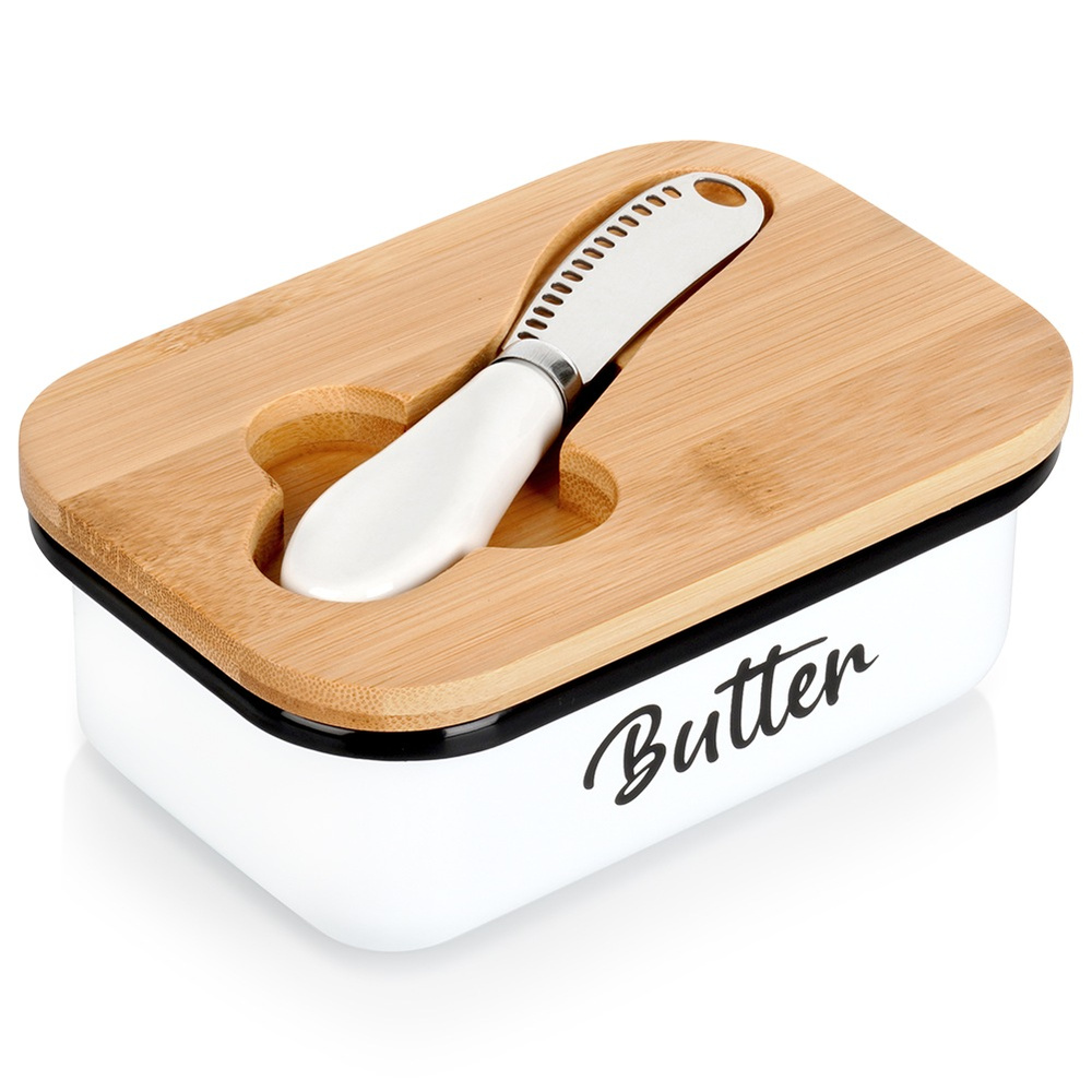 Emaillierte Butterdose Mit Bambusdeckel Und Messer