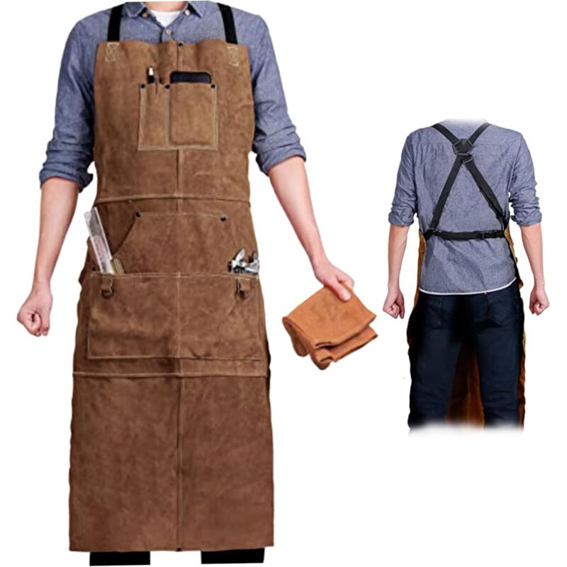 24x42'' Lederschweißerschürze Für Holzbearbeitung, Hitze- Und Flammenschutz Mit Schnellverschluss, Verstellbarer Schreinertasche Für Herren Und Schweißer