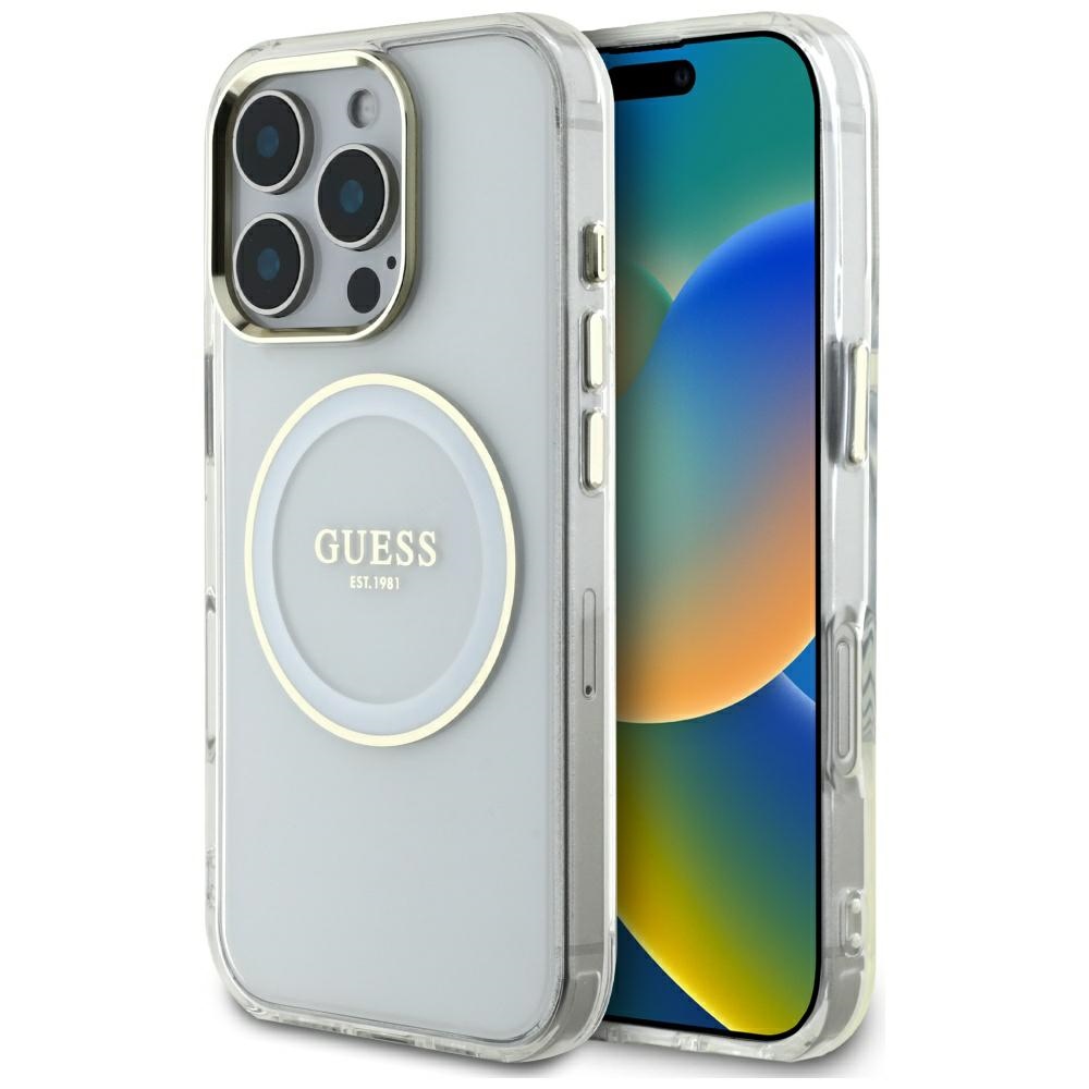 Guess Iml Magsafe Hülle Mit Metallisch-farbenem Kreis-logo Für Iphone 16 Pro, Weiß
