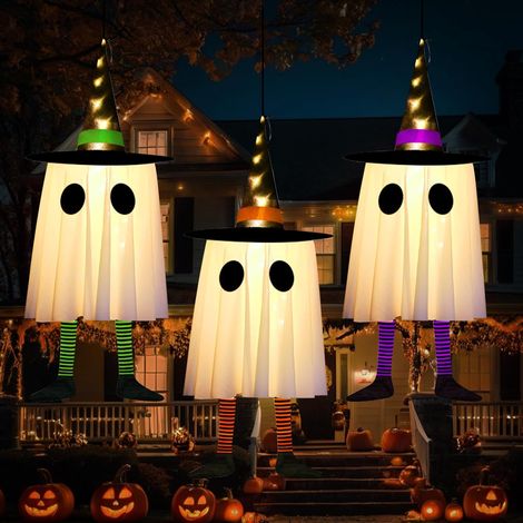 Halloween-hängedekoration Mit Geistern, 3-teiliges Set Mit 60 Cm Led-geisterlichtern Für Den Außenbereich, Inklusive Hexenhut-lichterkette, Halloween-dekoration Für Drinnen, Wand Oder Fenster