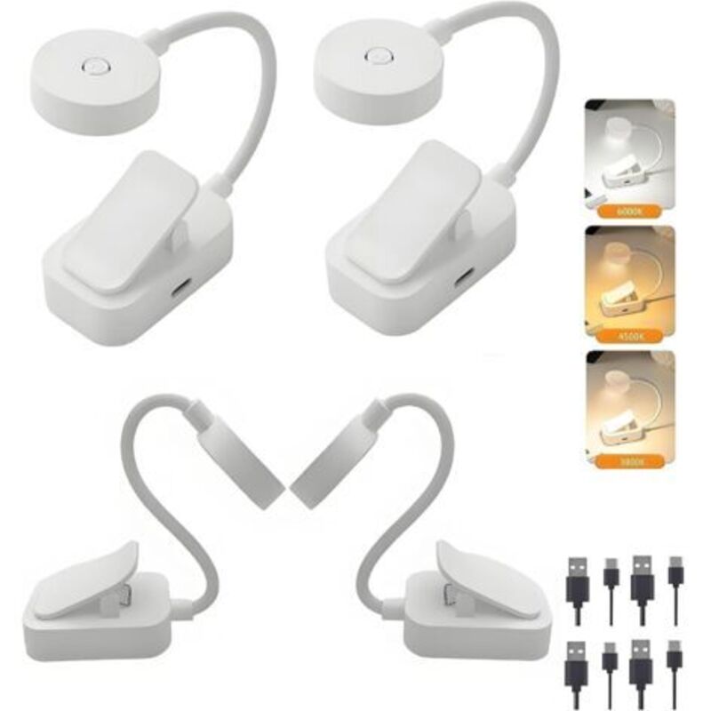 4 Mini-led-leselampen, Wiederaufladbar, Mit Klemme, Augenschutz, Stufenlos Dimmbar Und 3 Farben, 360° Flexibler Hals, Tragbar Zum Lesen – Weiß [energieklasse A+++]