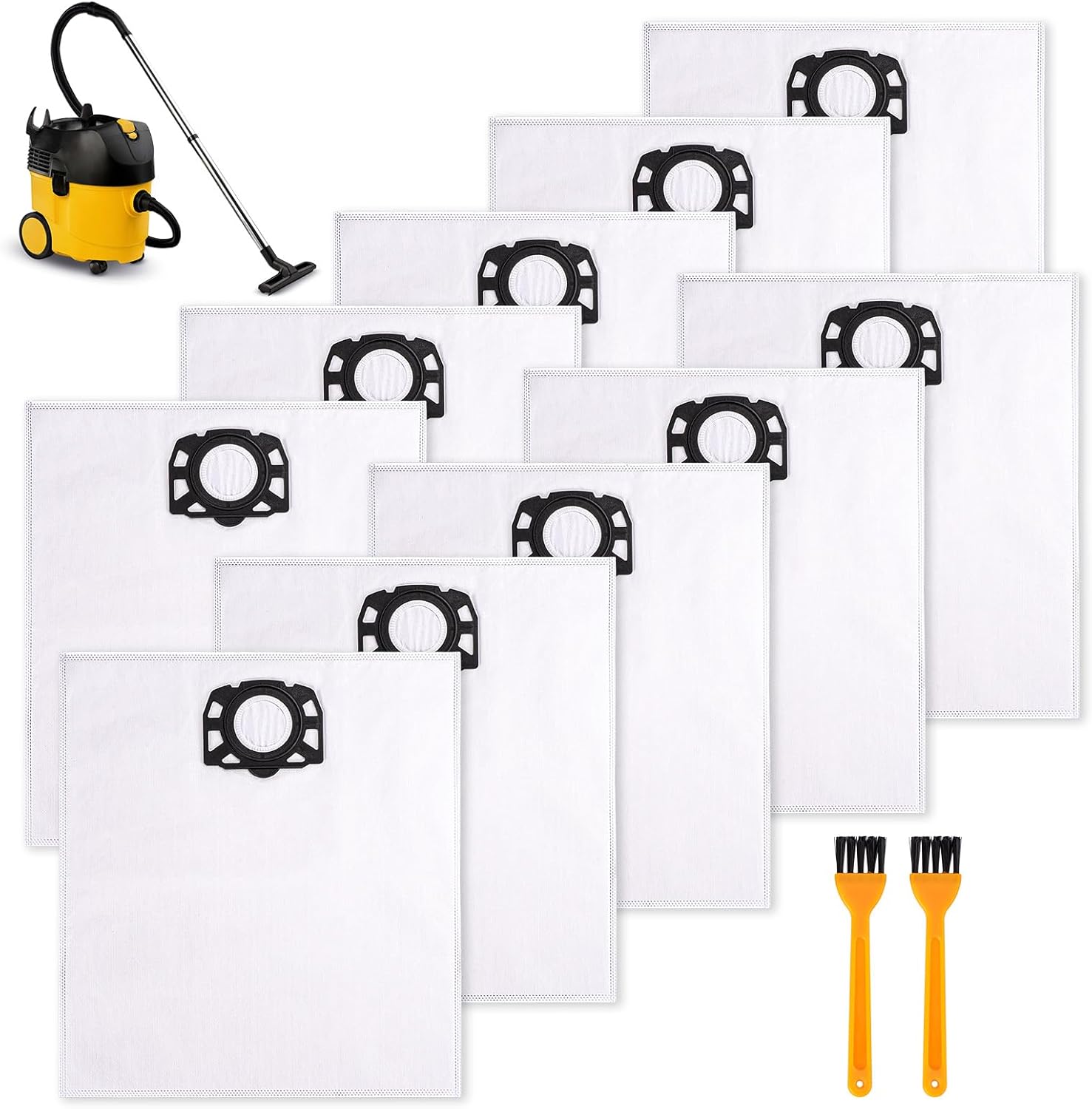 10 Staubsaugerbeutel, Filterbeutel Kompatibel Mit Kärcher Wd3, Wd4, Wd5, Wd6, Mv4, Mv5, Mv6, Kd3 Und 2 Bürsten, Hochwertige Nass- Und Trockenfilterbeutel