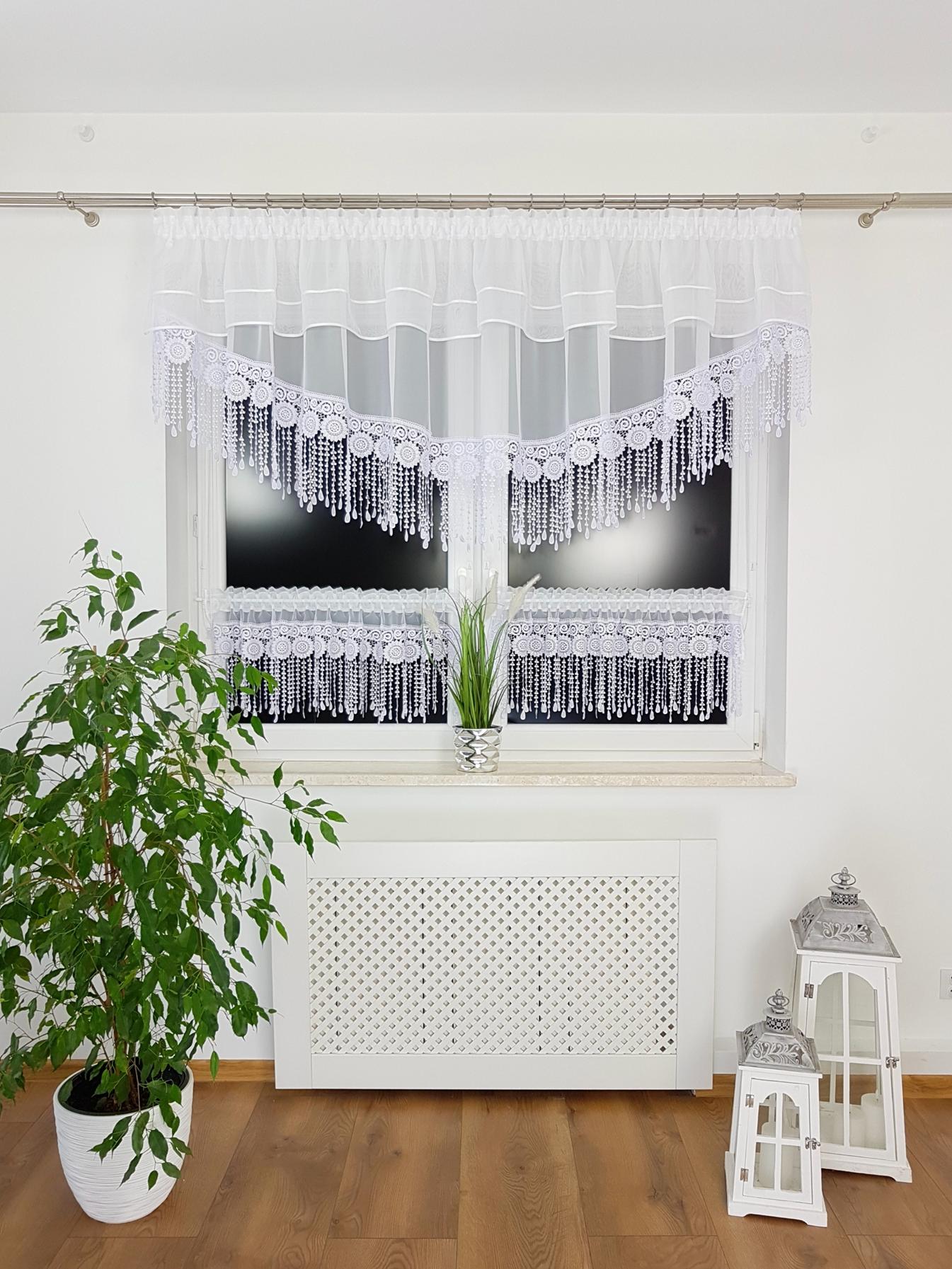 Küchengardine Mit Falten 300x90 Cm + 2x 130x45 Cm - Voile, Lambrequin Und Guipure
