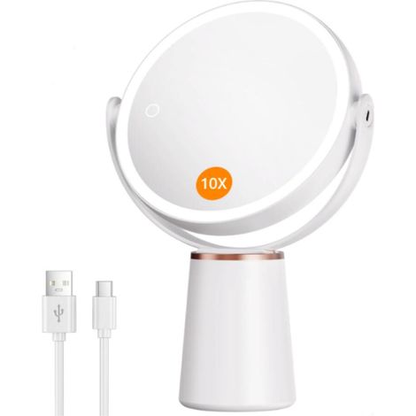 Weißer, Doppelseitiger, Beleuchteter Vergrößerungsspiegel (1x/10x), Wiederaufladbarer Akku (2500 Mah), Freistehend, Mit 3 Lichtfarben, 52 Leds Und 360°-drehung Für Make-up Und Gesichtspflege