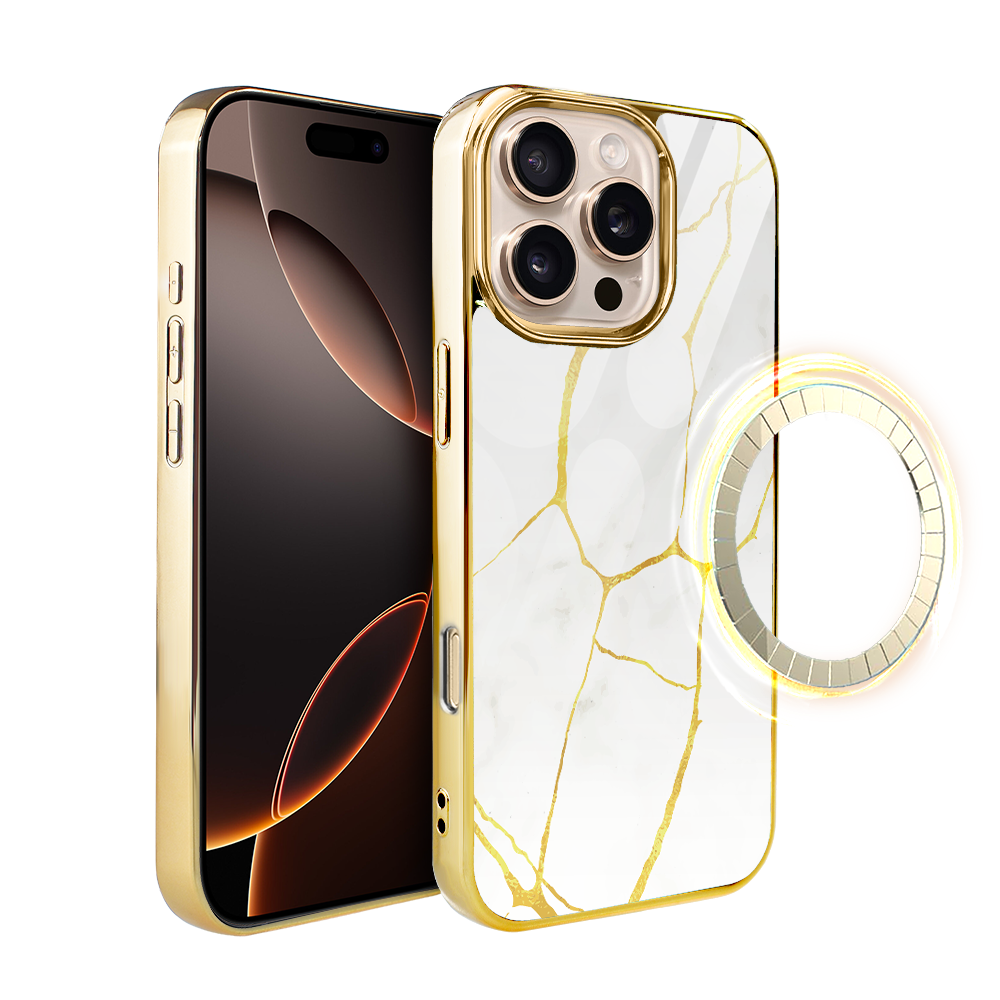 Iphone 16 Pro Max Ibizu Elite Glashülle Mit Magsafe, Kintsugi, Weißes Porzellan, Gold