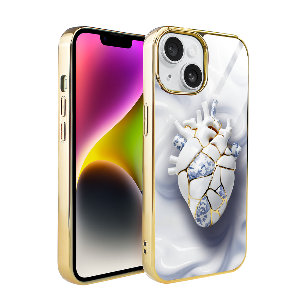 Iphone 14 Ibizu Elite Glashülle, Glasrückseite, Kintsugi-kunst, Porzellanherz, Gold