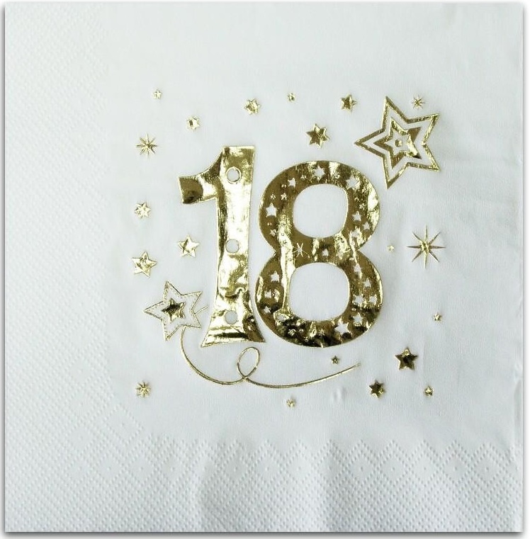 Servietten Zum 18. Geburtstag, Weißgold, 33x33cm, 20 Stück.