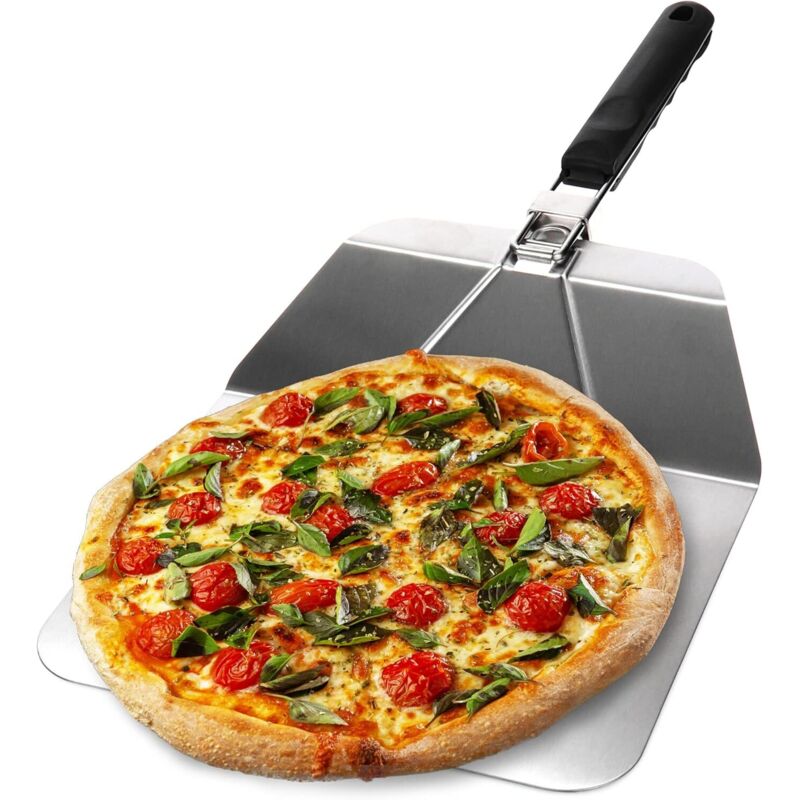 (silber/schwarz – Abgewinkelt) Pizzaschieber Aus Edelstahl – Pizza- Und Kuchenschieber Mit Klappgriff – Pizzaschieber Für Pizza, Flammkuchen, Brötchen Und Brot