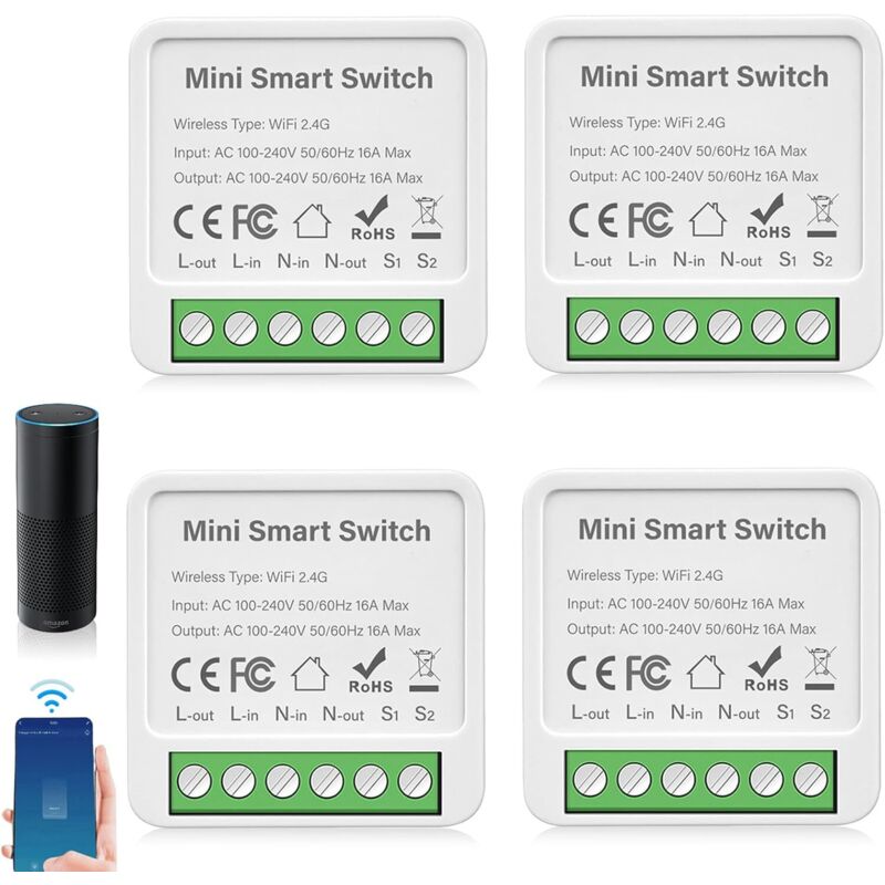Set Mit 4 Intelligenten Schaltermodulen, Kompatibel Mit Alexa Und Google Assistant, Hausautomation Ohne Hub