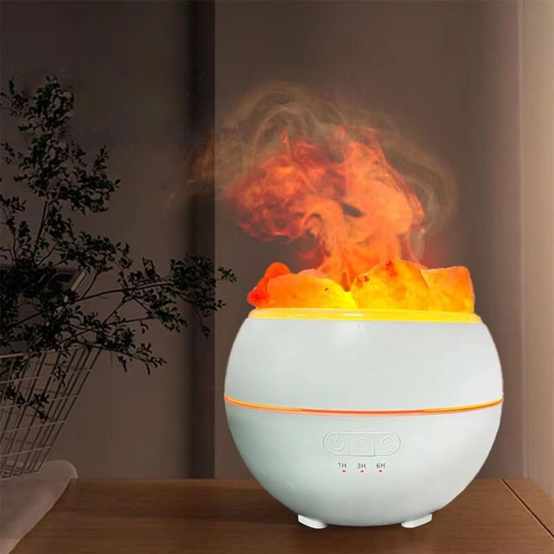 Led-luftbefeuchter Mit Umgebungslicht, Salzstein, Zweistufiger Flammenlampe Und Usb-aromatherapiegerät Mit Farbverlauf. Ein 2-in-1-kombinationsgerät Für Nachttisch Und Luftbefeuchter.