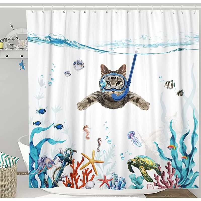 Duschvorhang Mit Ozeankatzenmotiv, 180 X 180 Cm – Farbenfroher Druck, Wasserdicht, Schnelltrocknend, Mit 12 Haken