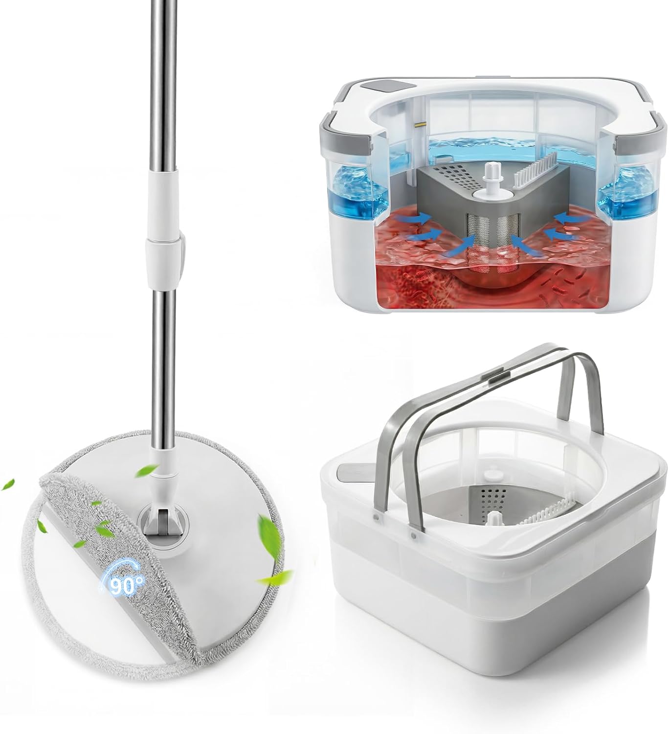 Deanic 90° Bodenwischer Wischmopp Set Mit Eimer, 2-kammer-system Für Schmutz- & Frischwasser Trennung, Flachwischer Mit Auswringfunktion, Reinigt Ecken & Kanten Mühelos Mit Mikrofaser Pads (weiß)