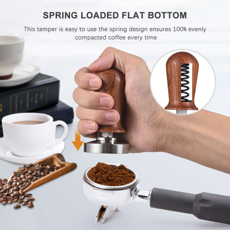 Espresso-sabotage-schild 51 Mm Kaffeefeder-set, Kalibriert, Federbelastet, Flach, Edelstahlbasis 304, Holzgriff, Maschinengeeignet