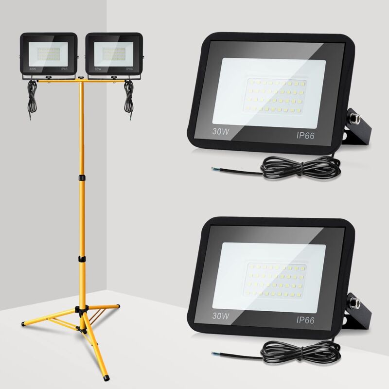Set Aus 2 Led-baustellenstrahlern (30 W, Kaltweiß) + Stativ, 6000 K, 2550 Lm, 1 M Kabel – Ip66 Wasserdicht Für Den Innen- Und Außenbereich – Für Sportplätze Und Freiflächen (ohne Stecker) [schutzklass