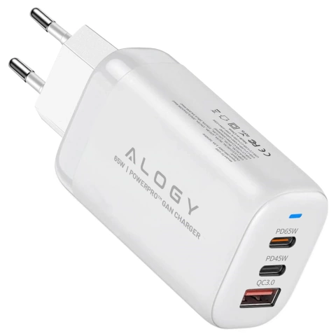 3-in-1-schnellladegerät Für Samsung Iphone Gan3 65w Pd Und Qc, 2x Usb-c 65w + Usb-a 30w Anschlüsse, Alogy Gancharge Compact™ – Weiß