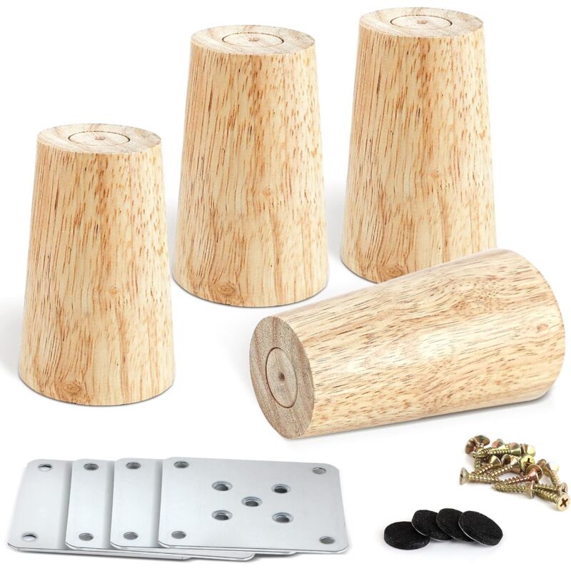 Set Mit 4 Möbelbeinen Aus Hartholz, 8 Cm – Montageplatten Aus Eisen Und Antirutschpads – Tragkraft 100 Kg