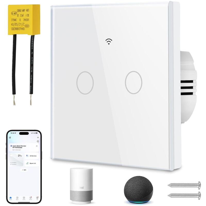 2-fach Wlan-smart-touch-schalter, Kompatibel Mit Tuya, Alexa Und Google Home, Fernsteuerung Über Mobilgerät