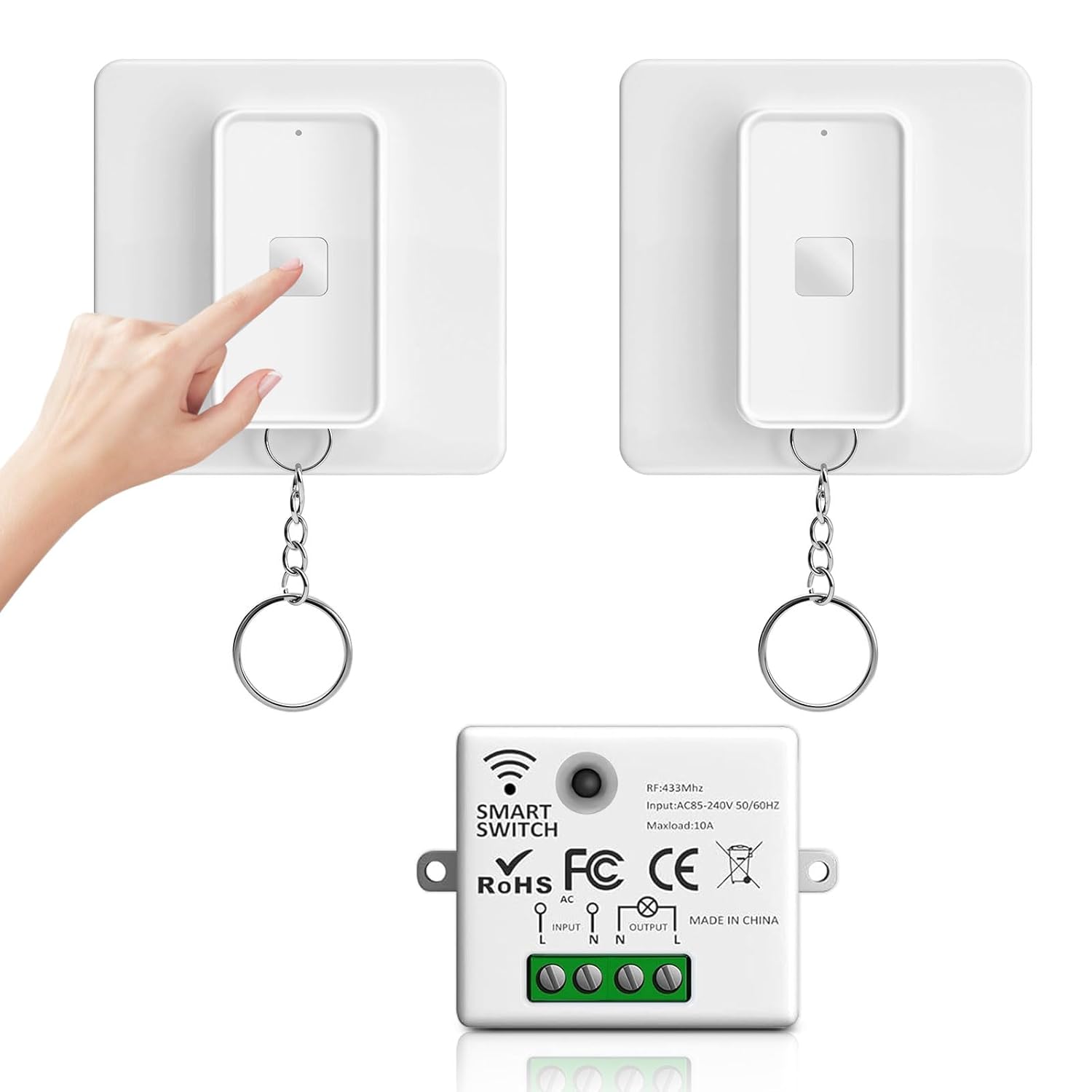Funkschalter Rf433, Batteriebetrieben, Keine Elektrische Verkabelung Oder Wandschalter Erforderlich, Magnetisch (1 X 10a Empfänger Und 2 X Bedienfelder)
