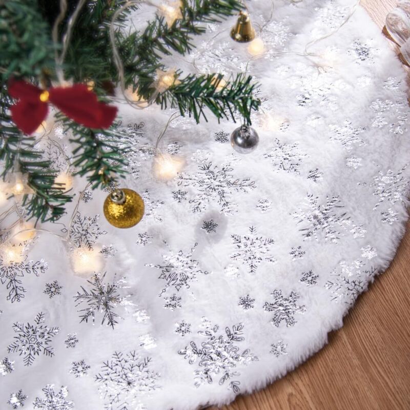 90 Cm Weihnachtsbaumrock, Weihnachtsbaummatte, Große Silberne Weihnachtsbaumunterlage Mit Schneeflockenmuster, Weihnachtsbaumrock