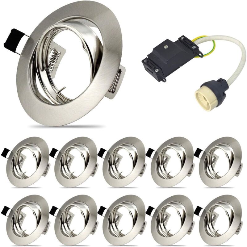 Set Mit 10 Montagerahmen Für Einbaustrahler, Gu10-einbaustrahler-set, Schwenkbarer Led-trägerrahmen Für Led- Und Halogenlampen Inklusive Gu10-fassung, Schutzart Ip20, Rund, 40° Verstellbar