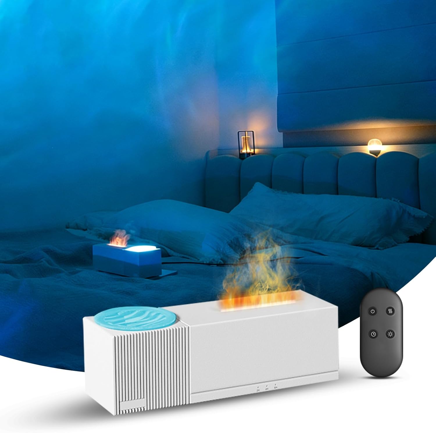Diffuseur D'Arômes Avec Projecteur À Effet Flamme Et Projection D'Ondes D'Eau Holographiques – Aurores Boréales Romantiques – Humidificateur 150 Ml Avec Télécommande, 7 Couleurs Led, Minuterie 1/3/5 H