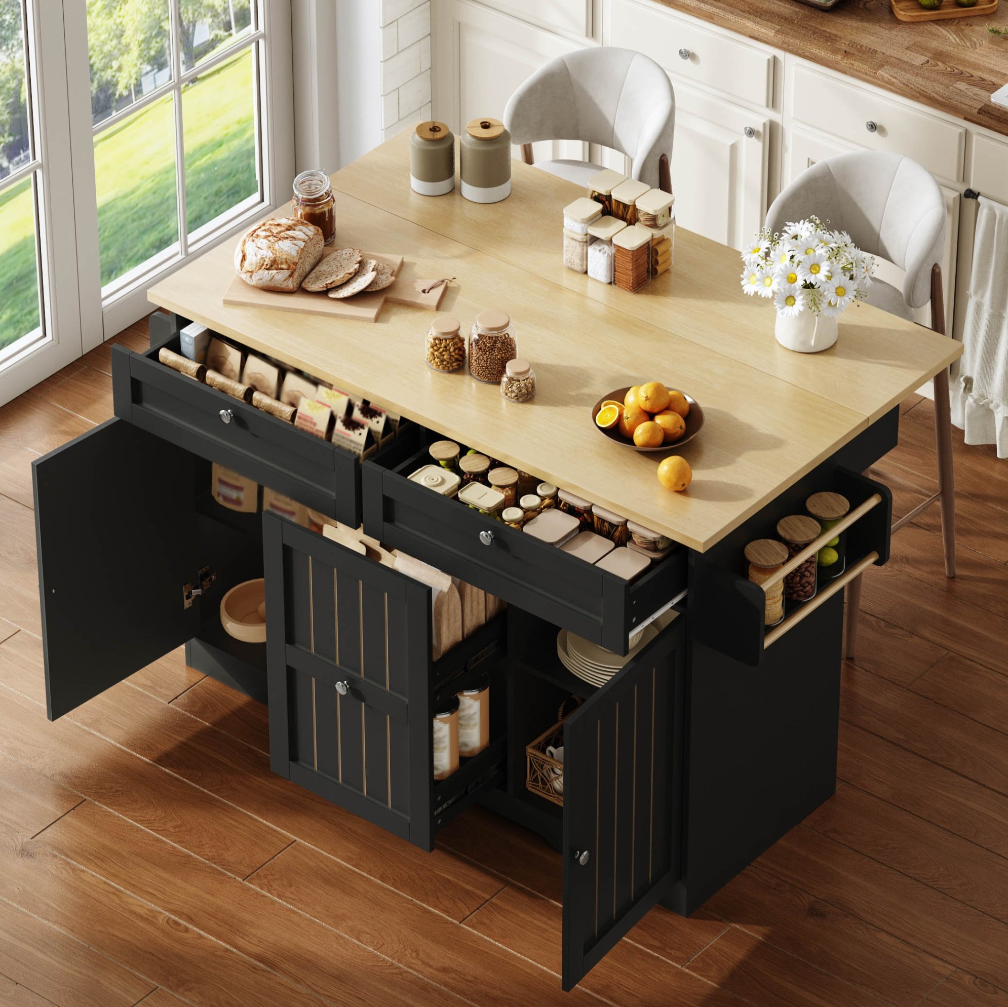 Kücheninsel Mit Klappplatte Und Schubladen Mdf Schwarz Okmyhome
