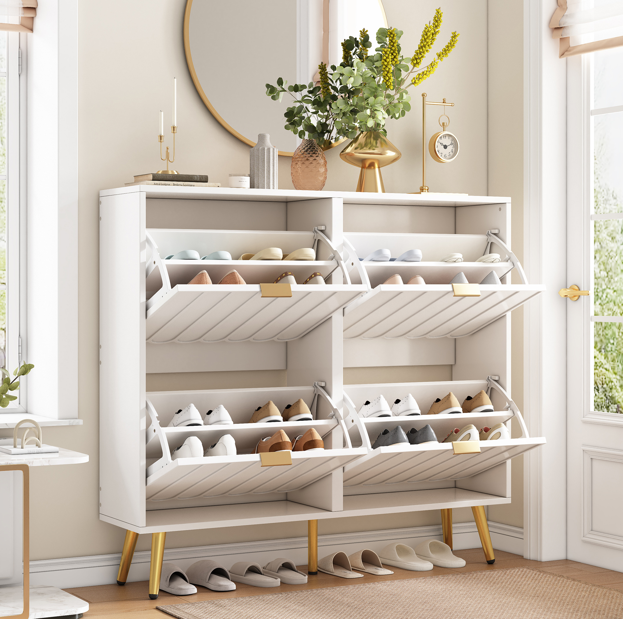 Schuhschrank Mit 4 Klappen Und Kippschutz 100x24x91,5 Cm Weiß Okmyhome