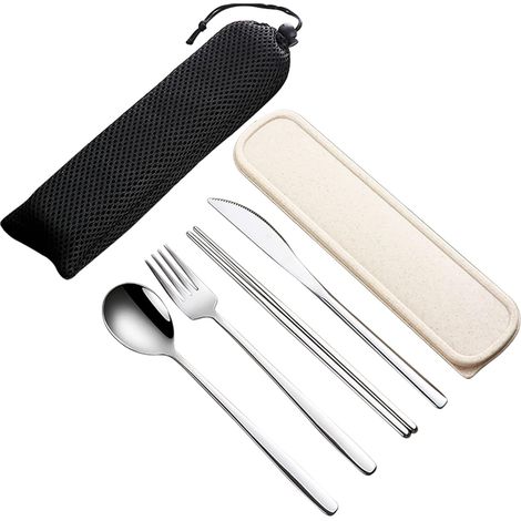 4-teiliges Edelstahl-besteckset (18/10) Mit Box: Gabel, Löffel, Messer, Essstäbchen. Ideal Für Reisen Und Camping (silber).