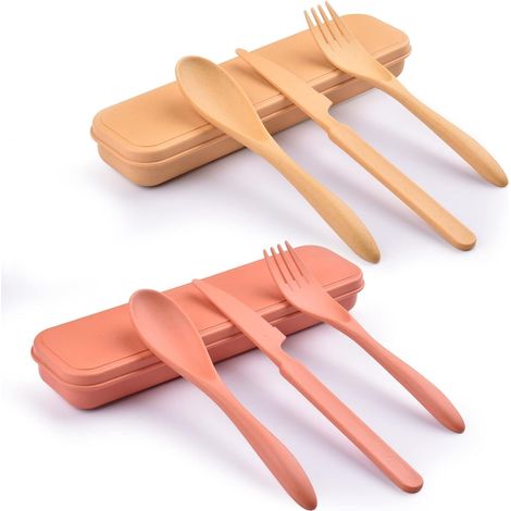 2-teiliges, Wiederverwendbares Besteckset Mit Etui: Gabel, Messer, Löffel, Ideal Für Reisen, Picknicks, Arbeit, Schule Oder Camping