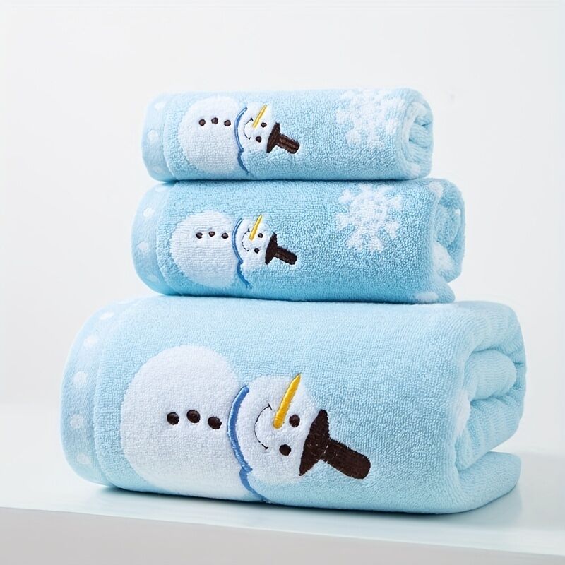 3-teiliges Set Weihnachtlicher Badetücher Mit Schneemann-stickerei, 100 % Baumwolle, 1 Badetuch + 1 Waschlappen + 1 Handtuch, Weich Und Schnelltrocknend. (br)
