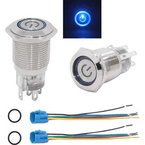 2er-pack Edelstahl-drucktaster, 16-mm-angel-eye-led Mit Kabel, Blauer Netzstecker, 12-v-dc-metall-wippschalter