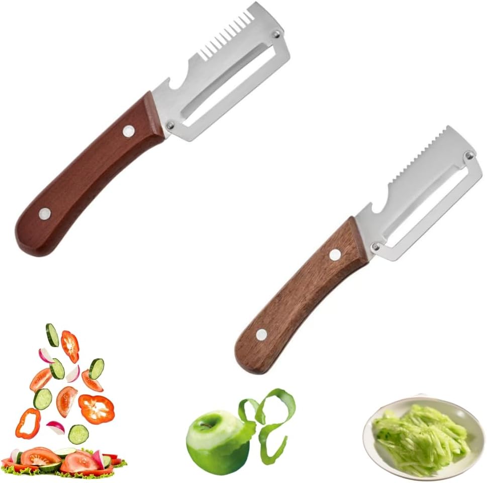 2 Pieces Multifunctional Vegetable Peeler, 3-in-1 Peeler With Wooden Handle, Stainless Steel Blade And Bottle Opener, Kitchen Aid For Vegetables & Meat Slices