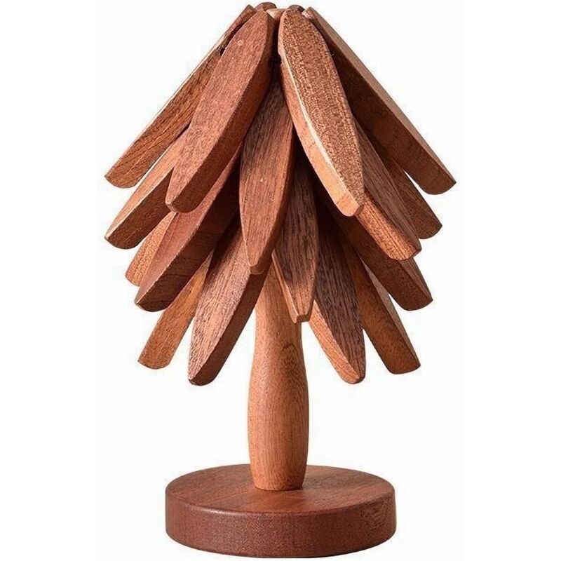 Holzuntersetzer In Baumform Mit Ständer, 4er-set, Faltbare Küchenuntersetzer In Baumform, Hitzebeständiges Sapele-holz, Geeignet Für Töpfe, Teller, Teekannen