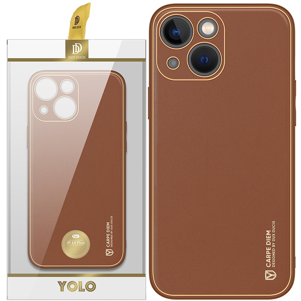 Dux Ducis Yolo Iphone 14 Plus Hülle, Elegante Braune Kunstlederhülle