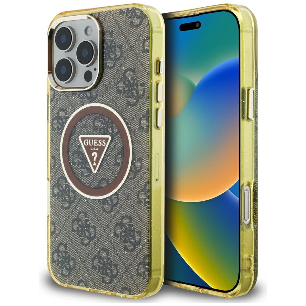 Guess Iml Metal Glitter 4g Circle Triangle Magsafe Hülle Für Iphone 16 Pro Braun