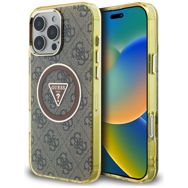 Guess Iml Metal Glitter 4g Circle Triangle Magsafe Hülle Für Iphone 16 Pro Braun