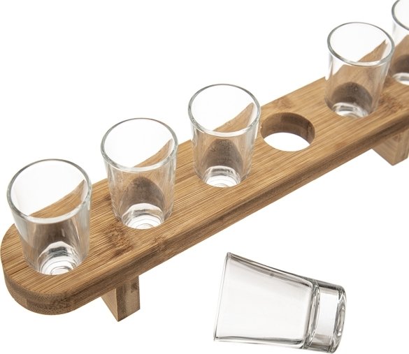 Wodka-shotgläser Aus Glas Auf Einem Bambustablett, 40 Ml, 6 Stück