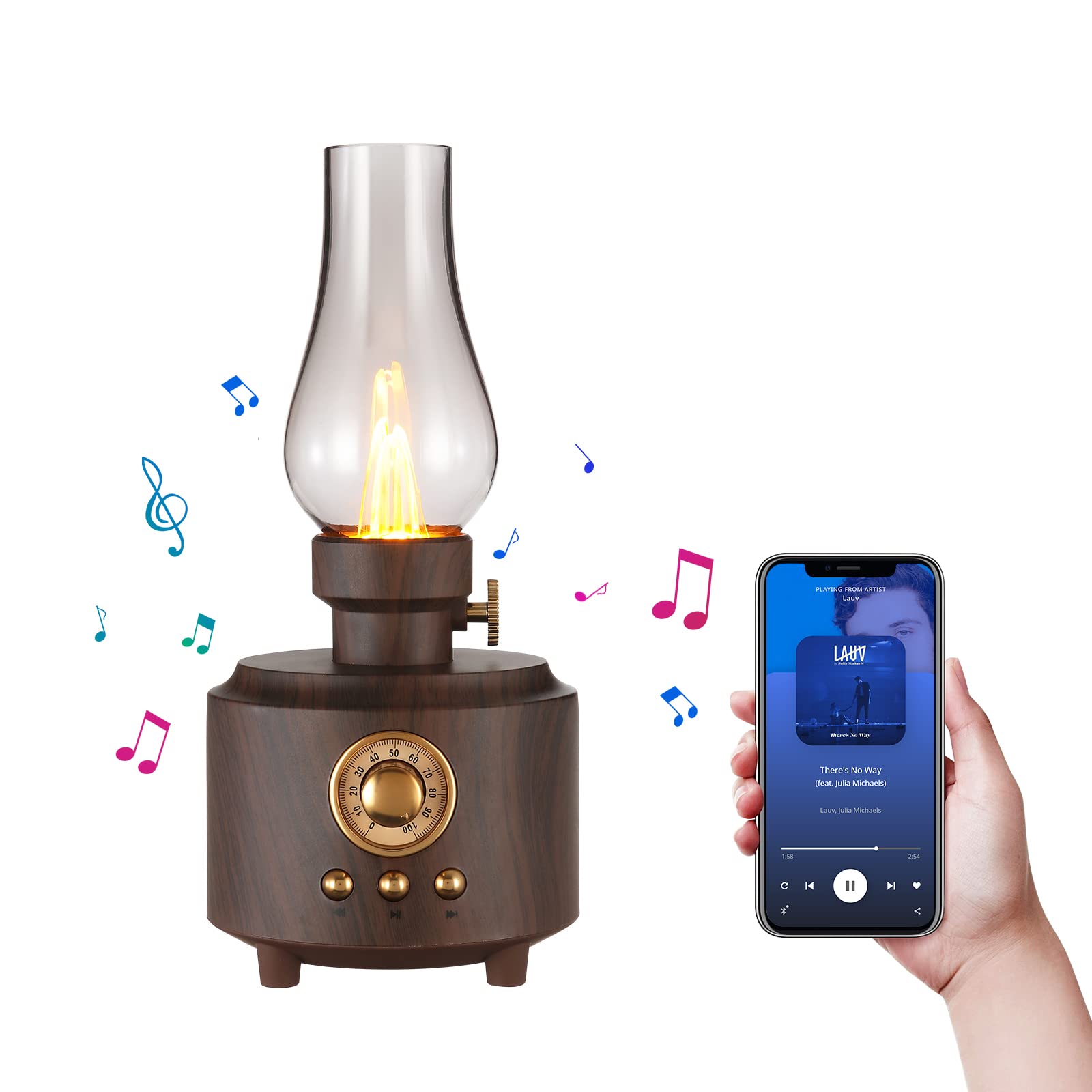 Vintage-tischlampe Mit Wiederaufladbarem Bluetooth-lautsprecher Und Flammenlosem Led-nachtlicht (25 Cm)
