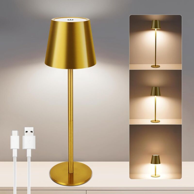 Kabellose Tischleuchte Mit 1200 Mah Kapazität Und Dimmbarer Helligkeit (gold), Wiederaufladbarer Akku, Touch-led Mit 3 Dimmbaren Farben, Usb-c-anschluss, Für Den Innen- Und Außenbereich, Schlafzimmer