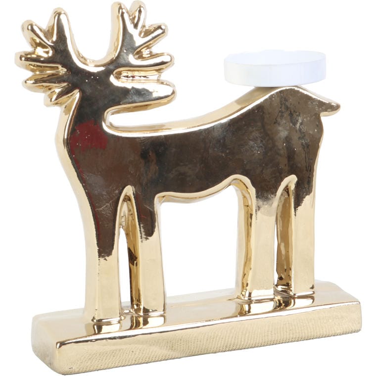 Goldener, Rentierförmiger Kerzenhalter Aus Keramik Für Teelichter, 20 Cm