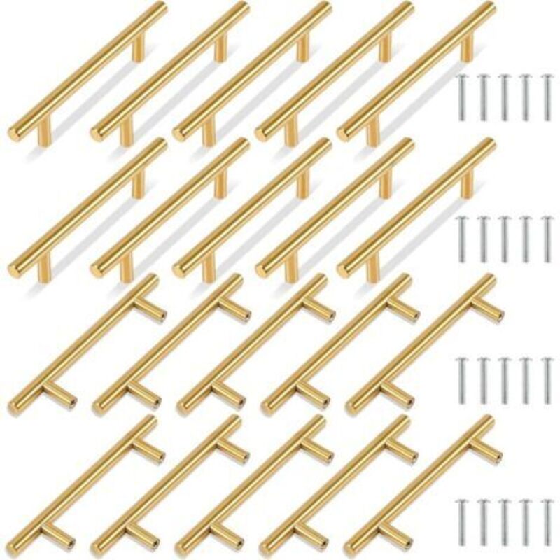 T-förmige Griffe, 20er-set, Vergoldet, 150 Mm Breit, Für Schranktüren Und Schubladen, 96 Mm Mittenabstand.