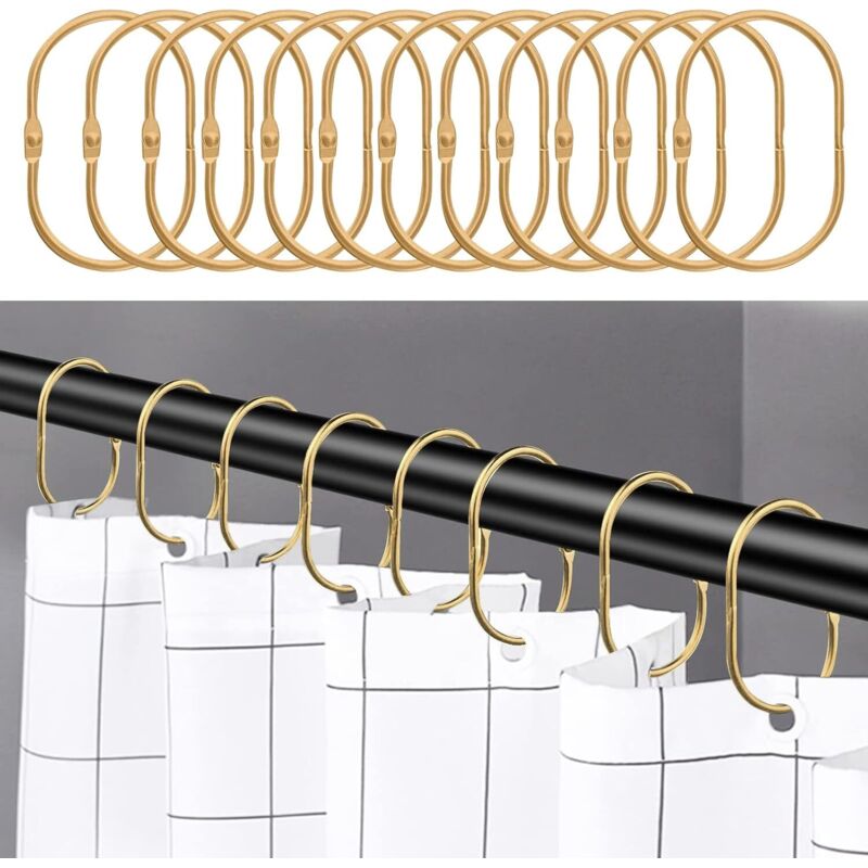 Set Mit 12 Goldenen Duschvorhangringen, Dekorative Haken, Rostfrei, Moderne Eleganz