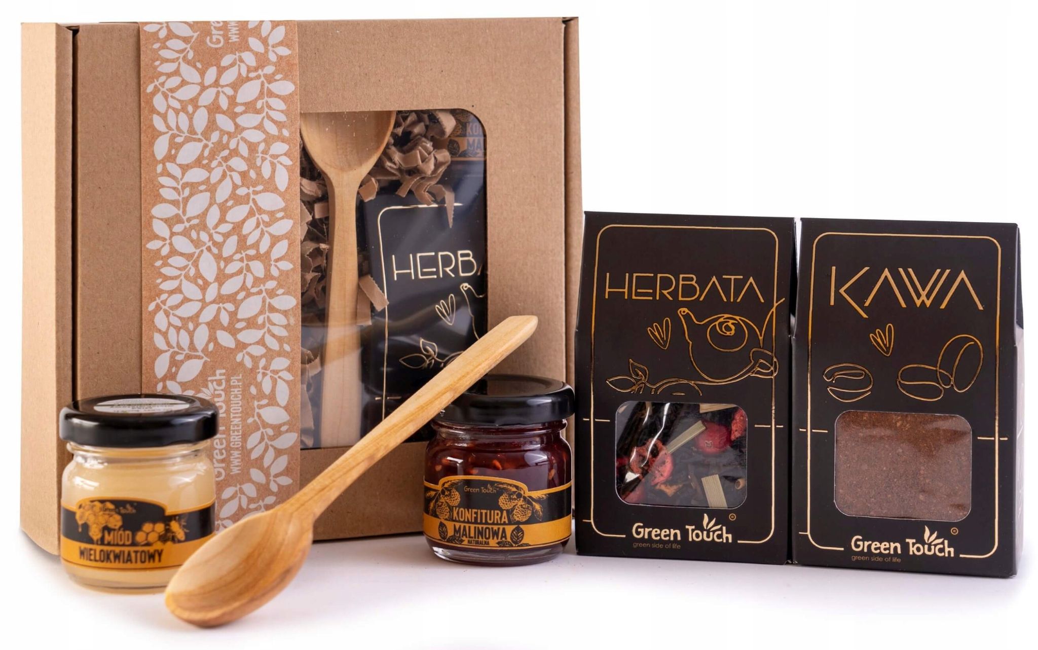 Geschenkbox Mit Tee Und Kaffee, Schwarzem Und Goldenem Honig, Marmelade Und Löffel