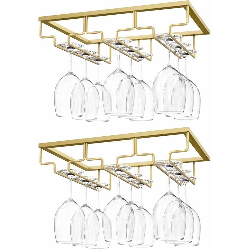 Hängender Weinglashalter, [2 Stück] Hängender Weinglashalter Mit 3 Schienen Für Regalböden, Glasschränke, Wandmontage In Chrom, Küchenbar – Gold