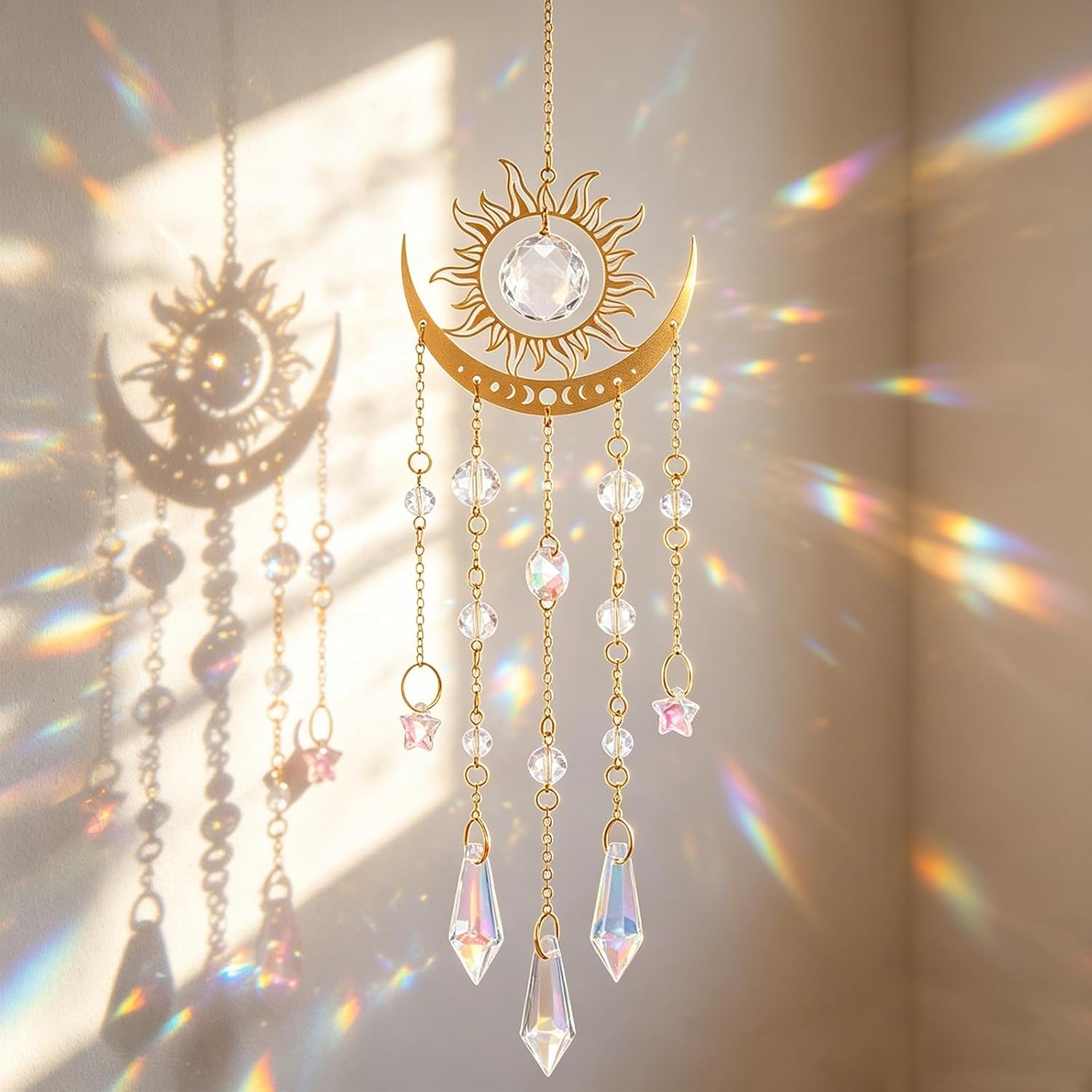 Suncatcher Pendant Golden Flame Moon Sun Sun Catcher Crystal Window Decoration Hanging With Prism Effect Sun Catcher Balcony Living Room Garden
