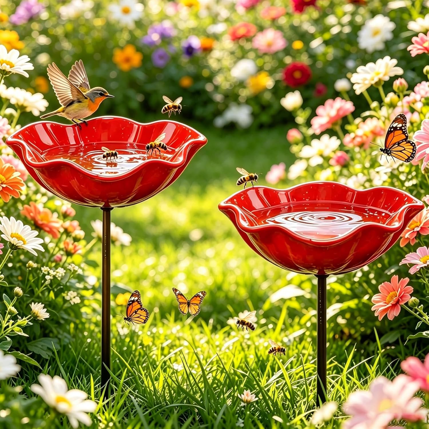 2 Stuick Bienentränke Blume Für Den Garten, Insektentränke Gartendekoration, Metall Gartenstecker Für Rasen, Vogeltränke Blume, Dekorative Fütterschale Für Vögel Und Bienen