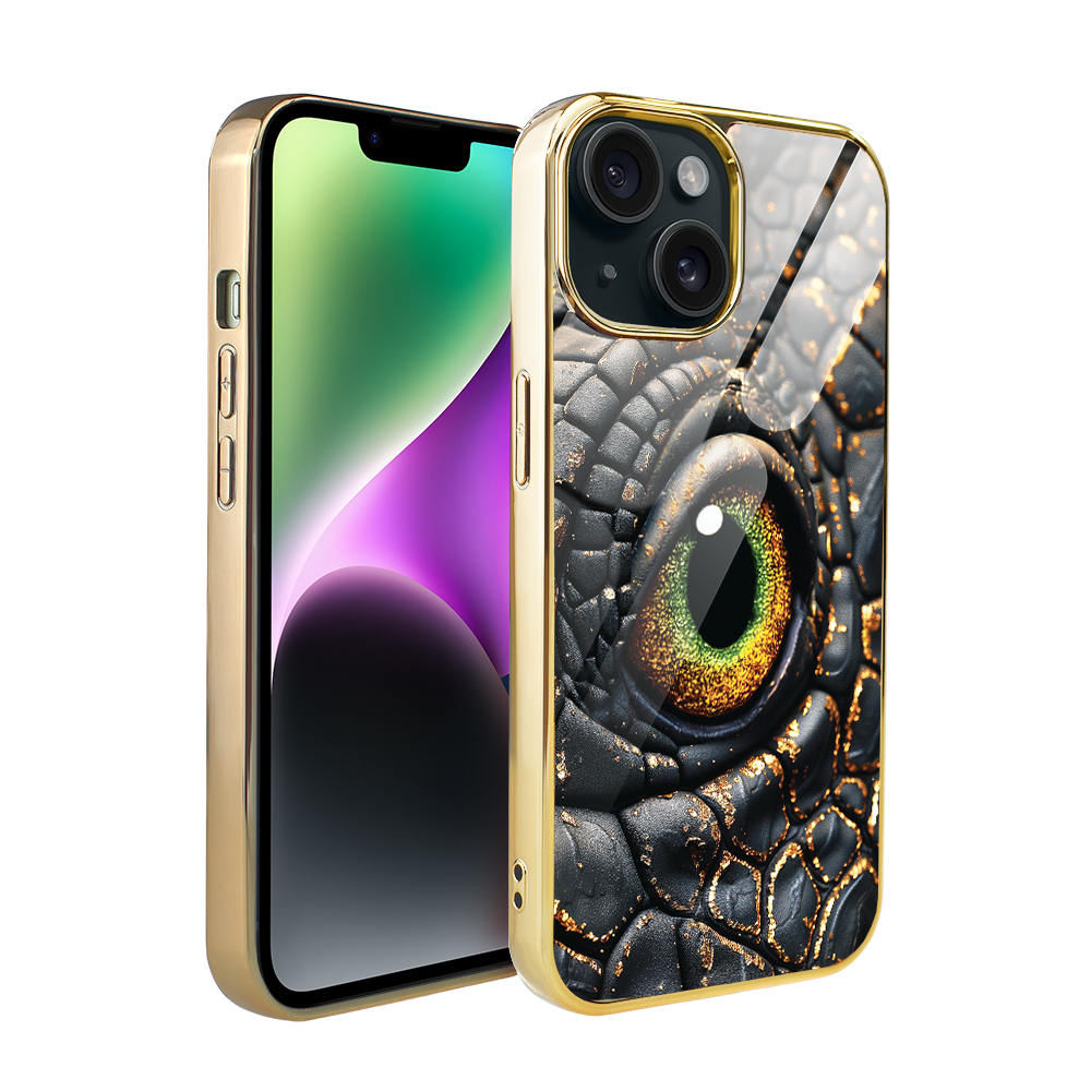 Iphone 14 Ibiza Elite Glashülle, Glasrückseite, Bernstein-drache, Gold