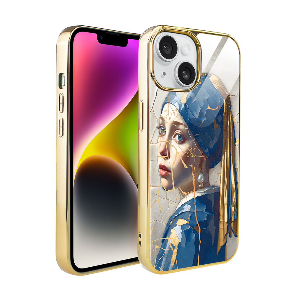 Iphone 14 Ibizu Elite Glashülle, Glasrückseite, Kintsugi-kunst, Frau Mit Perle, Gold